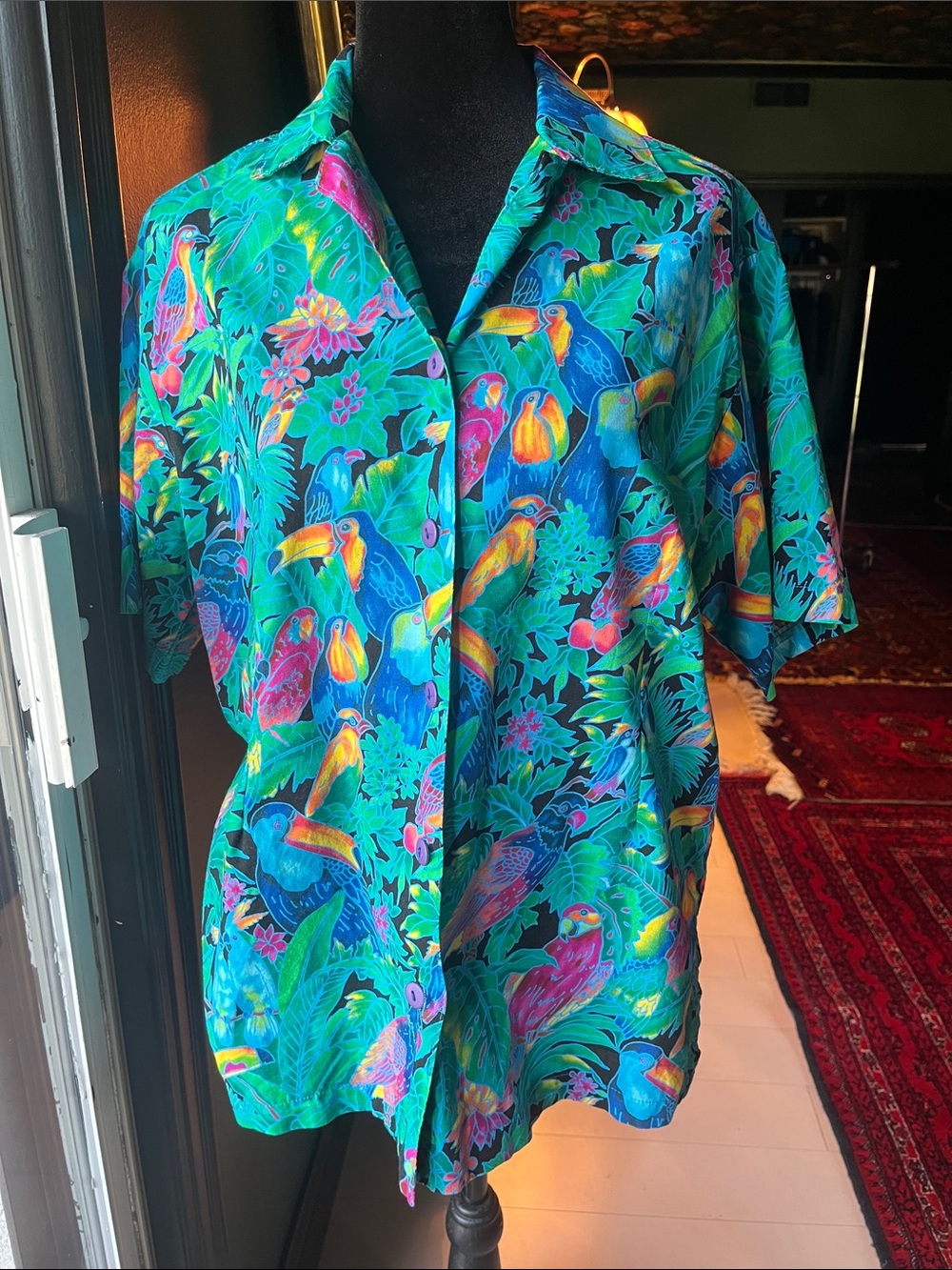 Vintage Button Up Green and Blue Tropical Shirt Size M